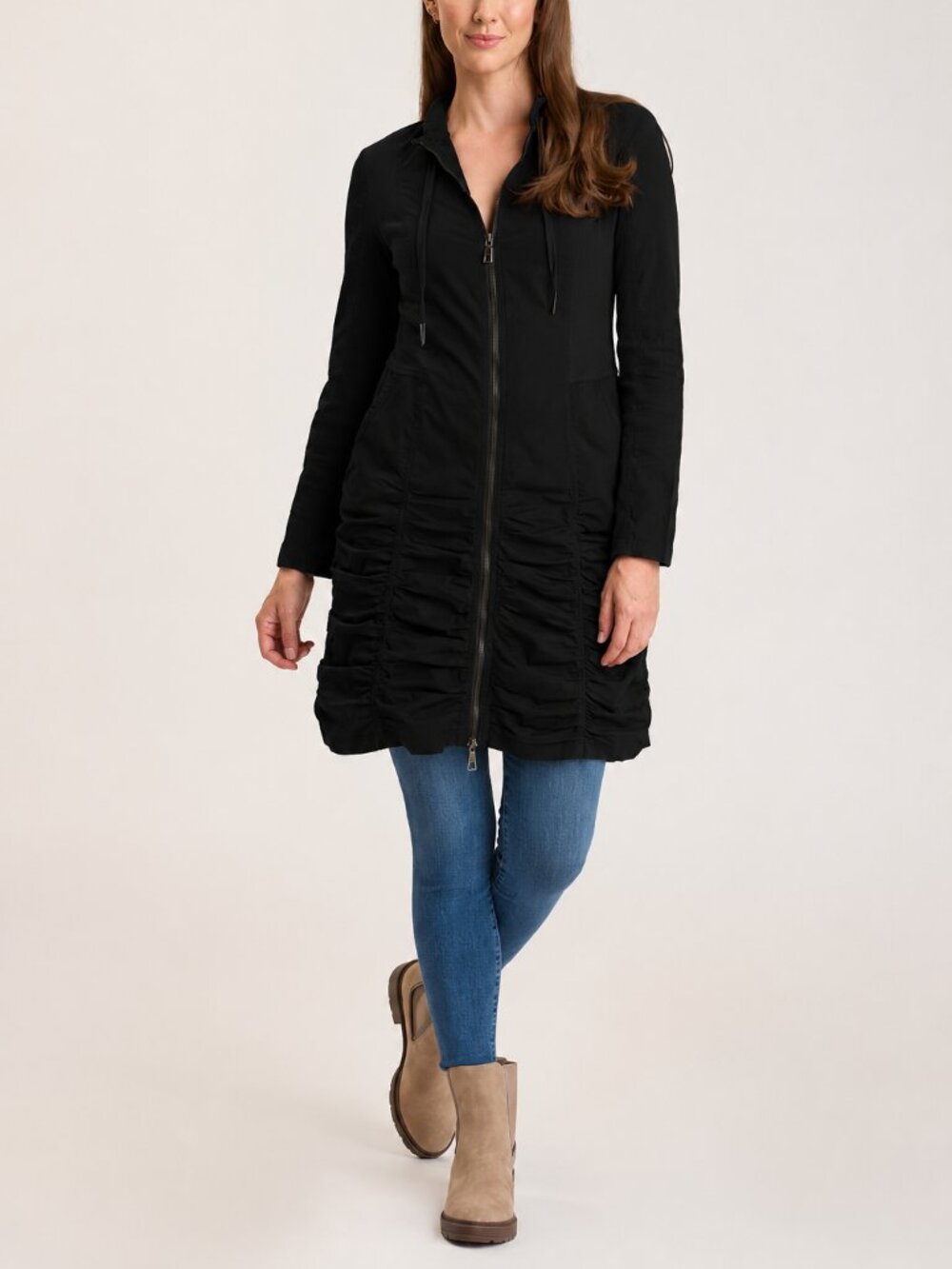 XCVI Wearables Fiore Jacket Dress Black Large Full Zip Ruched Knee Length LS